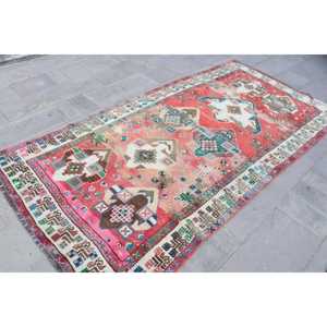 Vintage Area Rug 4.5x8.6 ft (137x261 cm), Turkish <b>Red</b> Animal Print <b>Wool</b> Rug - Product Image 3