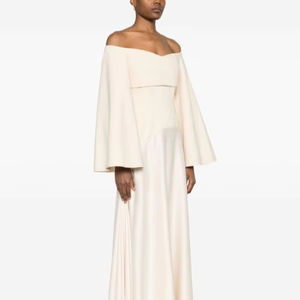 Vestido Maxi Sexy para Adultos Línea A Silueta Fuera del Hombro Cuello Frente Sólido Rebordear Hasta el Suelo Bordado Modesto - Product Image 1