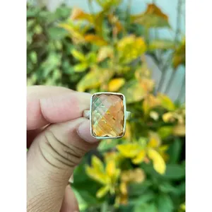 925 Silver Fashionable <b>Statement</b> <b>Ring</b> with Citrine Gemstone Bezel Setting Rhodium Plating Free Size Gift - Product Image 1