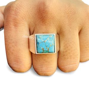 Vente en gros de bagues en cuivre plaqué argent sterling 925 avec turquoise, bijoux faits à la main, tendance actuelle, turquoise naturelle - Product Image 3