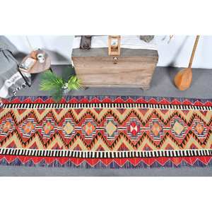 Alfombra turca Vintage, diseño de retazos, naranja, rojo, 3,3x11,5 pies, Material de lana, tejido plano, respaldo de látex para decoraciones de sala de estar - Product Image 5