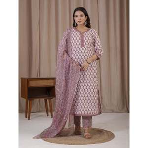 Traje Étnico de Kurta y Pantalón de Algodón con Estampado a Mano en Blanco y Rosa para Ocasiones Especiales - Anarkali Salwar - Product Image 3