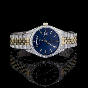 Montre mécanique de luxe avec diamants naturels, bracelet jaune en acier inoxydable, cadran à aiguilles bleu marine, cadeau idéal pour homme - Product Image 1