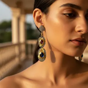 Boucles d'oreilles pendantes de luxe plaquées or 14 carats avec rubis, saphir, perle, diamant, opale, bijoux de mariage, cadeau - Product Image 2