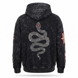 Sweat à capuche en strass 420 GSM délavé à l'acide, coupe oversize, noir, logo personnalisé, unisexe, streetwear, OEM - Product Image 2