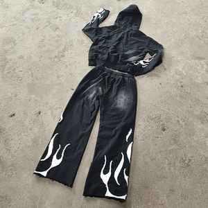 Conjunto Deportivo Personalizado para Hombre, Estilo Vintage, Informal, con Parches Desgastados, Sudadera con Capucha y Pantalones Deportivos con Lavado Ácido, Cremallera Completa - Product Image 1