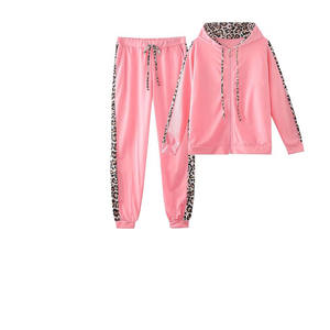 Survêtement imprimé léopard rose pour femme, ensemble sweat à capuche zippé et pantalon, survêtement décontracté pour femme à prix de gros - Product Image 1