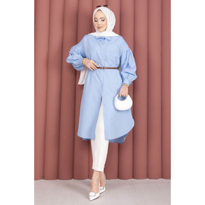 Túnica de Gasa Azul Bebé Talla Grande, Camisa Hijab Modesta con Corte Ovalado, Blusa Casual Estampada para Mujer - Product Image 1