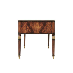Flame Mahogany Wood Veneer Leather Rectangular Writing <b>Desk</b> <b>with</b> Five <b>Drawers</b> Brass Leaf Details 1-Year Warranty - Product Image 3