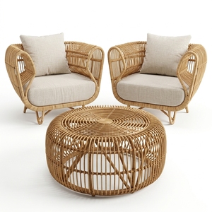 Natural Polished Rattan Garden Furniture Set Woven Armchairs <b>Round</b> Coffee <b>Table</b> <b>Patio</b> Setup Room Decor Art Pure Design - Product Image 1