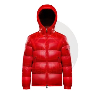 <b>Red</b> Hooded Canvas Winter Men's Puffer <b>Jacket</b>-Coated <b>Waterproof</b> Eco-Friendly Casual Outerwear with Front Custom Logo Option - Product Image 1