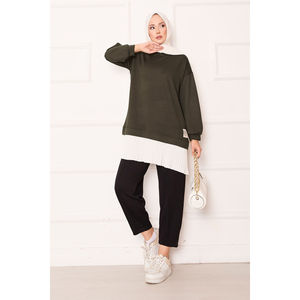 Túnica Holgada Color Caqui para Mujer, Estampado Floral, Tejido de Rayón, Dobladillo Plisado con Volantes y Lazo, Estilo Casual de Oficina, Talla XL, para Otoño - Product Image 1