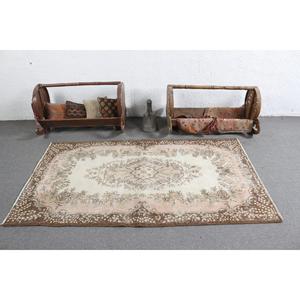 Vintage Turkish Rug, 3.8x6.5 ft Area Rug, <b>Brown</b> Pink Check <b>Wool</b> Rug - Product Image 3