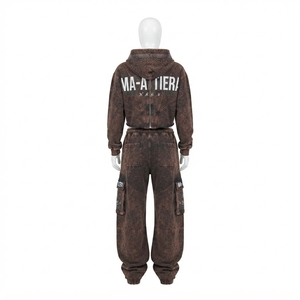 Custom Women Acid Wash Brown <b>Cropped</b> Zip Hoodie Cargo <b>Jogger</b> Set Cotton Fleece Streetwear Tracksuit OEM Wholesale - Product Image 3