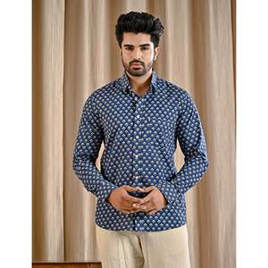 Chemise décontractée bleue 100% coton imprimée à manches longues, tissu popeline respirant, motif floral et à pois, taille 6XL, offre ODM - Product Image 1