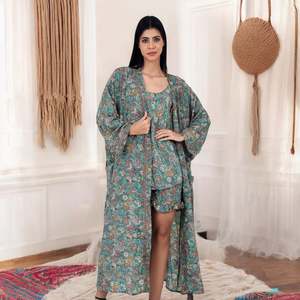 Conjunto de Kimono y Camiseta de Seda 100% para Mujer, Estampado Paisley Verde y Rosa, Bata Suave Tejida para el Hogar o la Noche, Talla Única, Regalo para Ella - Product Image 2