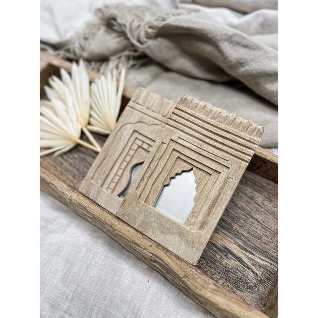 Small Indian Temple Wood Wall Mirror Decorative-Customized Color Rectangle Shape Vintage Antique Design for Home Hotel Bathroom