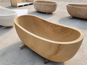 Baignoire ovale autoportante de luxe en travertin, <span class=keywords><strong>jacuzzi</strong></span> moderne pour 2 personnes, design de salle de bain d'hôtel - Product Image 3