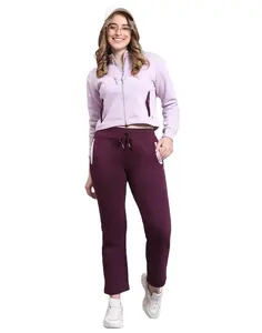Pakaian olahraga wanita, pakaian olahraga lengan penuh kerah berdiri ungu polos