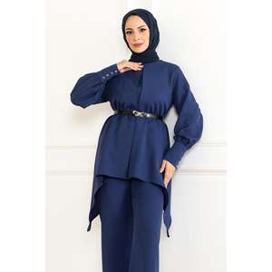 Ensemble décontracté deux pièces indigo MSW19001-2 Hauts longs mi-longueur et pantalons Col rond Manches longues Coupe classique Tissu 100% polyester Tailles XXL XL - Product Image 2