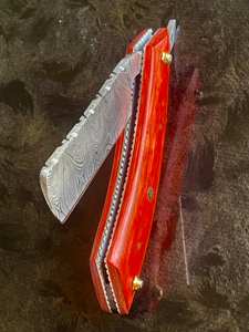 Maquinilla de afeitar de corte recto de acero de Damasco hecha a mano, afeitado en húmedo, cuchillo de peluquero, mango de madera Pakka naranja para cara corporal, cuchillo Industrial DIY - Product Image 2