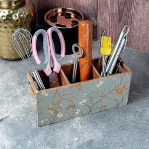 Modern <b>Floral</b> Design Enamel Printed Handmade Stackable Wooden 3 Compartment Kitchen Cutlery Holder Utensil Organizer <b>Box</b> Spoon - Product Image 4