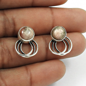 New Design Exquisite Boho <b>Earrings</b> With Round Shape Natural Rhodochrosite Gemstone In Bezel Set <b>Fine</b> Natural Stone <b>Studs</b> - Product Image 2