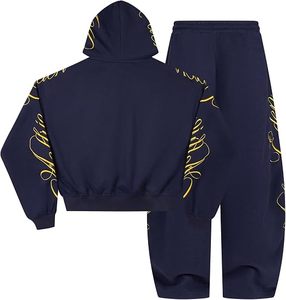 Ensemble survêtement bleu marine à capuche et pantalon de jogging avec imprimé lettrage doré, décontracté, respirant, pour adultes, toutes saisons - Product Image 2