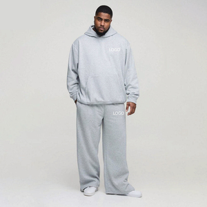 Conjunto Casual Holgado de Estilo Urbano, Talla Grande, Gris, Felpa Francesa de 400 g/m², Sudadera con Hombros Caídos, Pantalones Bootcut con Dobladillo Dividido, Chándal - Product Image 1