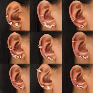 Boucles D'oreilles De Luxe Aretes Flowers Leaves Crystal Rhinestone Women Wrap Cartilage Stud Clip Climber Ear Cuff Earrings Set