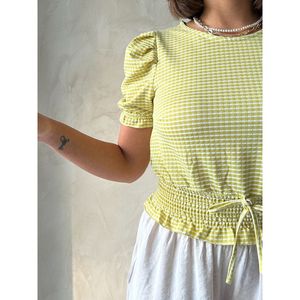 Blusa a Cuadros Verde Pistacho para Mujer con Cinturón, Camisa de Moda al por Mayor Topshow - Product Image 2