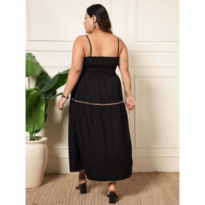Deebaco Women's Plus Size <b>Black</b> Spaghetti Strap A-Line Midi <b>Dress</b> With Embroidery Detailing Square Neckline Casual <b>Dress</b> - Product Image 4