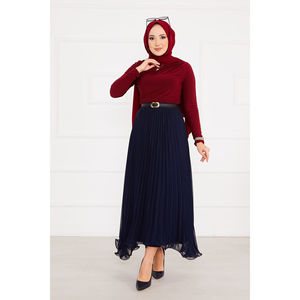 Navy Blue Six-Fluted Pleated Hijab <b>Skirt</b> Made of Chiffon and Organza - Product Image 3