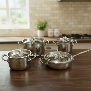 Ensemble de casseroles en acier inoxydable de qualité supérieure, couvercles en forme de papillon dorés, finition martelée, compatible gaz et induction - Product Image 6