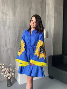 Mini Kimono de algodón bordado con girasol azul, vestido bohemio hecho a mano, cintura Natural ecológica para mujer, estilo ucraniano Floral - Product Image 3