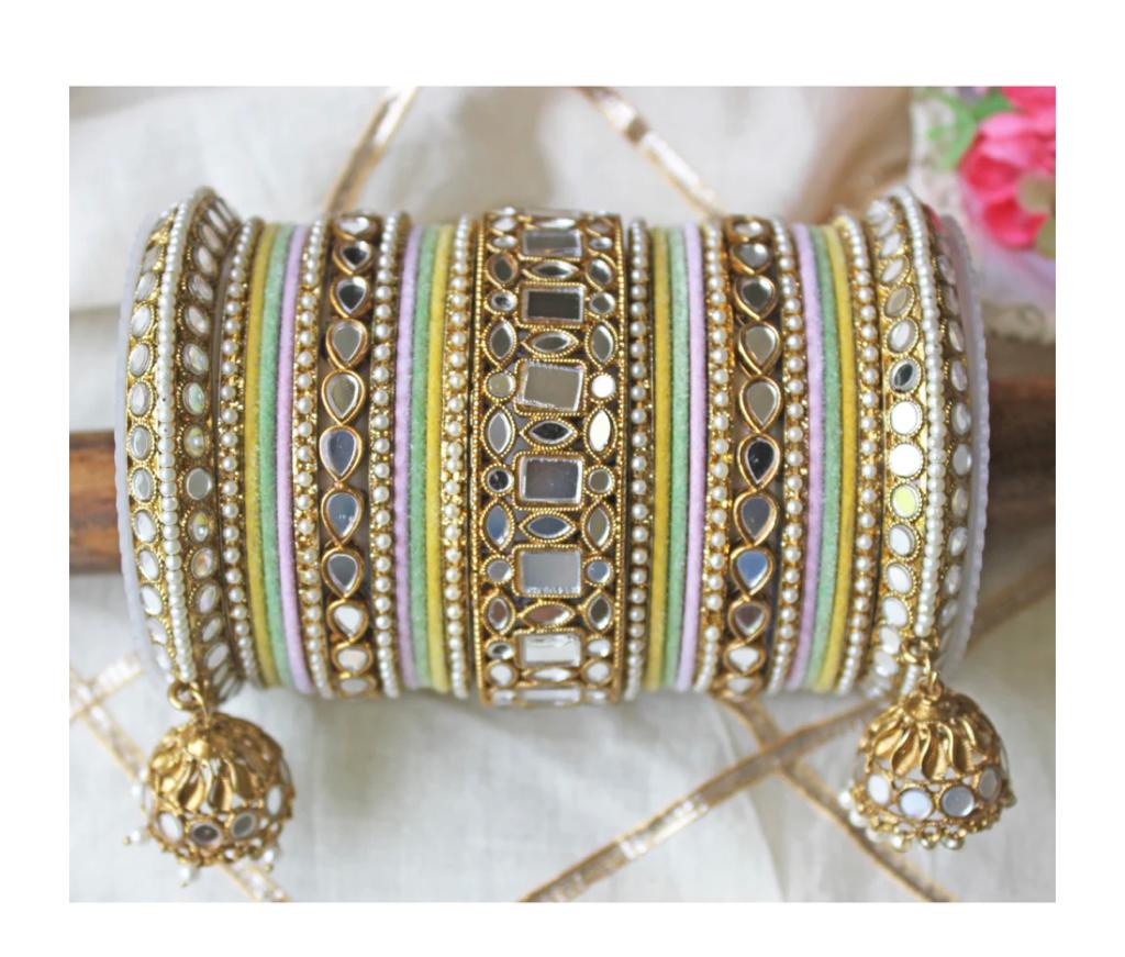 Pearl Bangle Set with Jhumki, Indian Bridal Jewelry by VIBRANTE APPARELS