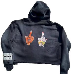 Proveedor personalizado etiqueta corte crudo dobladillo recortado Sudadera con capucha algodón sol desteñido ácido lavado apenado bordado apliques Boxy Crop Sudadera con capucha hombres - Product Image 4
