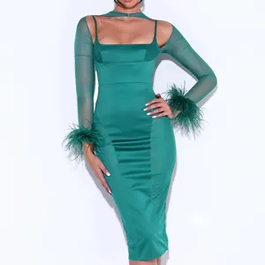 <span class=keywords><strong>Vestido</strong></span> Midi de fiesta de satén <span class=keywords><strong>verde</strong></span> <span class=keywords><strong>esmeralda</strong></span> con escote y plumas, traje Sexy de fiesta para mujer, escote Halter, manga de malla - Product Image 1