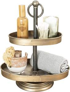 Plateaux ronds en métal à 2 niveaux en or antique avec support de plateau en finition zinc Plateau de service décoratif en métal pour la cuisine - Product Image 3