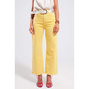 Jean large jaune soleil taille haute avec ceinture décorative en denim respirant teint uni coupe ample 2XL XL pour l'été et l'hiver - Product Image 5