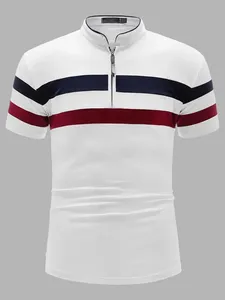 Jersey transpirable de diseño personalizado de alta calidad para polo con cremallera a rayas Colores de contraste y patrón sólido de logotipo - Product Image 4