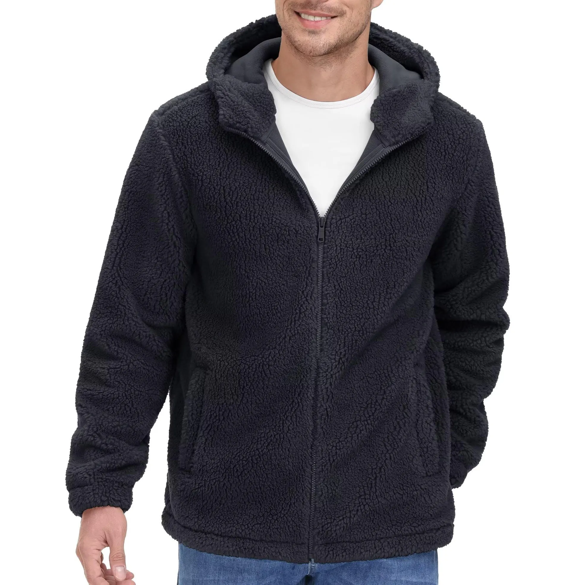 Prix de gros couleur unie fermeture éclair ample à manches longues Sherpa manteau d'hiver polaire veste rue mode Sherpa vestes pour hommes