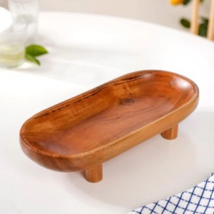 Plato para servir ovalado de madera de acacia natural con patas, bandeja de exhibición de frutas de Madera rústica, cuenco central de madera elevado para comedor - Product Image 3