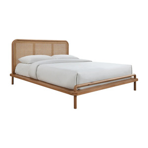 Teak Minimalist Midcentury Wooden <b>Bed</b> Frame With <b>Rattan</b> for Bedroom Furniture - Product Image 1