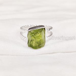 Joyería de piedra en bruto, anillo para mujer, Natural peridoto piedra preciosa de crudo, piedra natal de agosto, anillo de Plata de Ley 925 para fiesta de doble banda - Product Image 1