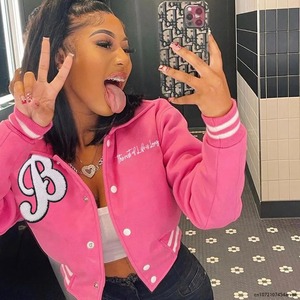 Baseball <b>Jackets</b> <b>Women</b> Single Breasted Letter Hip Hop Streetwear Crop Top Varsity Bomber <b>Jackets</b> Casual College Coats Pink - Product Image 2