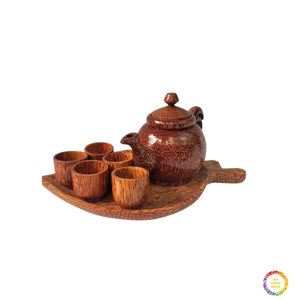 Service à thé en bois de coco avec 6 tasses et plateau rond, service à thé en bois de coco poli, service à thé en bois, décoration écologique pour le salon - Product Image 1