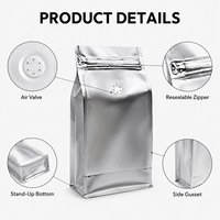Sacs en gros pour grains de café avec valve unidirectionnelle, fermeture éclair, fond plat, emballage en aluminium personnalisé avec logo, 250g, 500g, 1kg pour la vente au détail