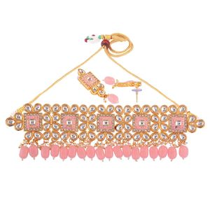 Kundan Jewelry fabrica cristal imitación perla nupcial collar pendientes conjunto joyería al por mayor, Rosa - Product Image 4