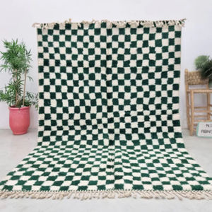 Tapis en laine à carreaux de qualité supérieure taille personnalisée coureur couloir Boho tapis en laine grand damier blanc vert tapis en laine marocain - Product Image 1
